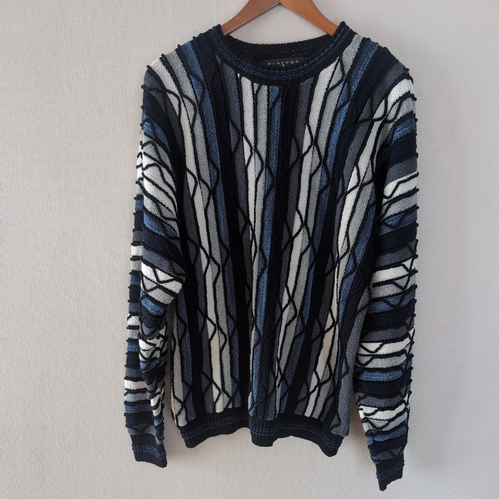 Protege 3D Knit Sweater L Coogi Style Textured Cable Biggie Cosby 90s Hip Hop